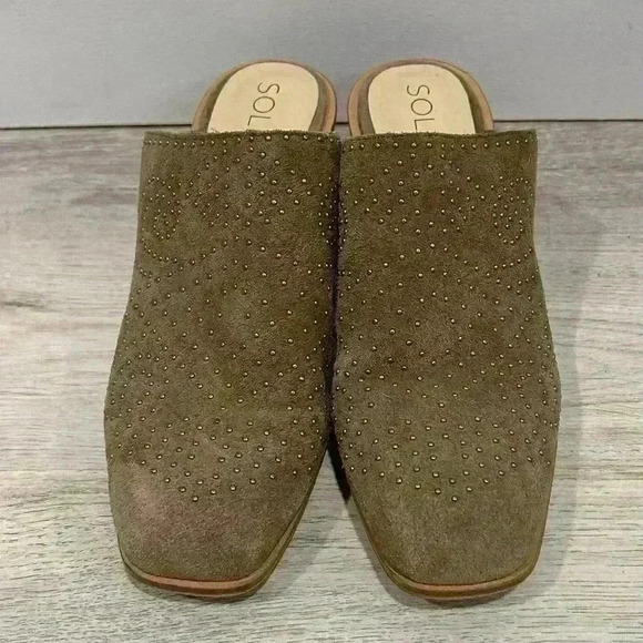 Sole Society Olive Brown Leather Suede Studded Slip On Heels Mules Size 8.5 - Picture 3 of 10